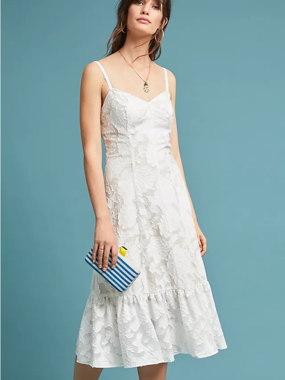Tracy Reese x Anthropologie White Floral Lace Midi Dress with Spaghetti Straps